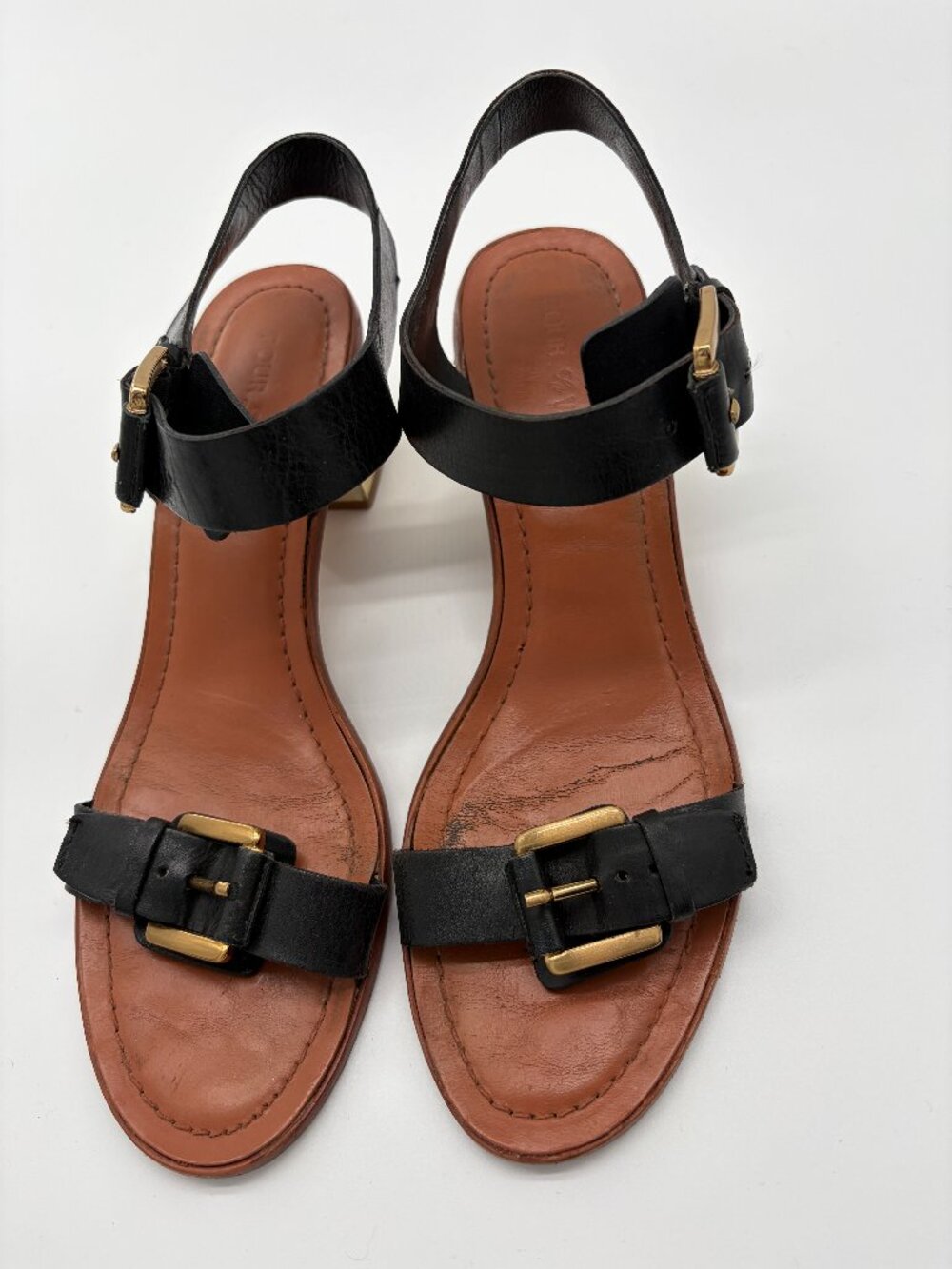 Pour La Victoire Black Leather Block Heel Sandals with Gold Hardware - Size 10